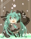  1girl blush_stickers chibi detached_sleeves fang green_eyes green_hair hair_ribbon hatsune_miku long_hair necktie open_mouth outstretched_arms ribbon skirt sleeves_past_wrists solo spread_arms thighhighs twintails very_long_hair vocaloid 