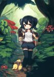  1girl black_hair black_legwear forest gatakigi_gama lantern mushroom nature original red_eyes short_hair shorts solo sword thigh-highs twintails weapon 