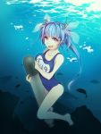  1girl blue_hair breast_press breasts fang hair_ornament hair_ribbon highres i-19_(kantai_collection) kantai_collection long_hair name_tag negaeri_(nemurieri) open_mouth personification red_eyes ribbon school_swimsuit solo star star-shaped_pupils swimsuit symbol-shaped_pupils torpedo underwater 