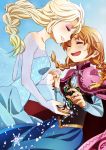  2girls anna_(frozen) blonde_hair braid brown_hair cape closed_eyes dress elsa_(frozen) forehead-to-forehead freckles frozen_(disney) happy highres holding_hands interlocked_fingers long_sleeves multiple_girls oiun see-through siblings side single_braid sisters snow snowflakes snowing tears twin_braids 