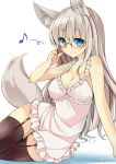  1girl animal_ears bare_shoulders black_legwear blue_eyes blush breasts cleavage garter_straps glasses grey_hair large_breasts long_hair musical_note original simple_background smile solo tail thighhighs white_background wolf_ears wolf_tail yahiro_(anhnw) 