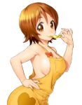  1girl bow breasts brown_eyes brown_hair candy cleavage hand_on_hip happinesscharge_precure! heart looking_at_viewer mouth_hold naked_overalls onsoku_maru oomori_yuuko overalls precure short_hair sideboob simple_background smile solo suspenders 