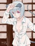  1girl akagashi_hagane alternate_costume animal_ears breasts dated dress_shirt grey_hair hand_on_own_face long_sleeves mouse_ears mouse_tail nazrin open_clothes open_shirt red_eyes shirt short_hair solo sweat tail text touhou white_shirt 