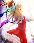  1girl arm_up backlighting blonde_hair flandre_scarlet from_behind gradient gradient_background hat hat_ribbon looking_at_viewer looking_back mob_cap narupegu_(zousanyasan) outstretched_arm parted_lips petticoat raised_hand red_eyes ribbon short_hair skirt skirt_set solo touhou wings 