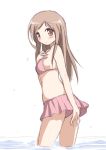  1girl blush brown_eyes brown_hair character_request long_hair looking_back mel_(artist) simple_background solo swimsuit wading white_background yuyushiki 