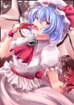  1girl ascot bat_wings blood blue_hair fang hat kichi8 licking looking_at_viewer open_mouth red_eyes remilia_scarlet short_hair solo tongue tongue_out touhou wings wrist_cuffs 