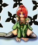  1girl alternate_costume alternate_hairstyle arm_support blue_eyes bow braid breasts cleavage detached_sleeves green_clothes hair_bow high_heels highres hong_meiling japanese_clothes long_hair looking_at_viewer ponytail redhead shuriken sitting sleeveless slit_pupils smiley_face solo teikoku_gensui thighhighs touhou twin_braids yokozuwari 