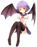  1girl :t alternate_costume bat_wings black_legwear highres knees_together_feet_apart knees_up lavender_hair looking_at_viewer no_shoes pout red_eyes remilia_scarlet school_uniform serafuku shone short_hair short_sleeves simple_background sitting solo thighhighs touhou uu~ v_arms white_background wings 