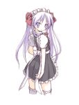  1girl blush bow frills from_behind hiiragi_kagami long_hair looking_at_viewer looking_back lucky_star maid_headdress mel_(artist) purple_hair simple_background smile solo thighhighs twintails white_background 