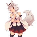  1girl animal_ears bare_shoulders black_legwear blush breasts detached_sleeves hat inubashiri_momiji kuromiya large_breasts looking_at_viewer red_eyes short_hair silver_hair simple_background solo tail thighhighs tokin_hat touhou white_background wolf_ears wolf_tail 
