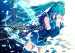  1girl aqua_hair cable character_name closed_eyes detached_sleeves hatsune_miku long_hair merontomari necktie skirt solo tears thighhighs twintails very_long_hair vocaloid 