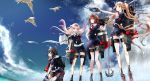  4girls anchor bird black_hair blonde_hair blue_eyes braid brown_hair chain clouds fingerless_gloves floating_hair gloves hair_ribbon hairband highres kantai_collection kneeling long_hair multiple_girls murasame_(kantai_collection) outstretched_arm personification red_eyes renon_(tenle) ribbon school_uniform seagull serafuku shigure_(kantai_collection) shiratsuyu_(kantai_collection) short_hair sky standing twintails very_long_hair yuudachi_(kantai_collection) 