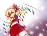  1girl blonde_hair flandre_scarlet from_below hat midriff navel red_eyes red_skirt short_hair side_ponytail skirt solo tangel thighhighs touhou wings wrist_cuffs 