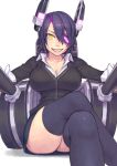  1girl and black_legwear breasts cleavage eyepatch grin kantai_collection large_breasts looking_at_viewer purple_hair short_hair smile solo tenryuu_(kantai_collection) thighhighs yellow_eyes 