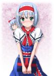  1girl alice_margatroid alice_margatroid_(cosplay) blush blush_stickers book bow capelet cosplay embarrassed frills green_eyes hair_bow hairband highres holding holding_book konpaku_youmu nori_tamago nose_blush raised_eyebrows short_hair silver_hair smile solo tagme touhou 