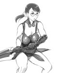  1girl black_hair breasts cattleya cleavage large_breasts lips long_hair monochrome parted_lips ponytail queen&#039;s_blade sideboob solo sword ueyama_michirou weapon 