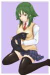  1girl atsuko black_cat cat green_eyes green_hair minami-ke mo-fu school_uniform short_hair sitting smile solo thighhighs wariza 
