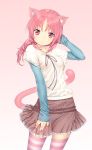  1girl :&lt; animal_ears blush cat_ears cat_tail gradient gradient_background highres long_hair pink_eyes pink_hair ponytail simple_background skirt solo striped striped_legwear tail thighhighs zizi_(zz22) 