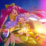  2girls :d aino_megumi alternate_form blue_hair bow closed_eyes cure_lovely cure_princess flower green_skirt hair_bow hair_flower hair_ornament happinesscharge_precure! lollipop_hip_hop long_hair macadamia_hula_dance magical_girl mismatched_footwear miyamoto_hiroshi multiple_girls open_mouth pink_eyes pink_hair precure shirayuki_hime sitting skirt smile twintails 