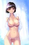  1girl black_hair bra breasts brown_eyes cleavage din_(raiden) large_breasts no_pants open_clothes open_shirt original short_hair solo standing underwear 