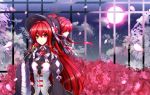  2girls alternate_costume bonnet bow dress dual_persona elesis elsword flower formal frills full_moon gloves hat juliet_sleeves long_hair long_sleeves moon multiple_girls puffy_sleeves red_eyes red_rose redhead ribbon rose tangel 