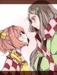  2girls akagashi_hagane apron bell blush brown_hair checkered checkered_scarf checkered_shirt futatsuiwa_mamizou futatsuiwa_mamizou_(human) glasses gradient gradient_background hair_bell hair_ornament hands_in_sleeves japanese_clothes leaf leaf_on_head long_hair long_sleeves looking_at_another motoori_kosuzu multiple_girls open_mouth orange_eyes orange_hair scarf simple_background smile touhou wide_sleeves 