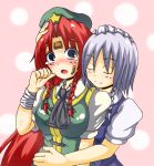  2girls :o arms_at_sides ascot bandages bandaid blue_dress blue_eyes blush blush_stickers braid breasts bruise closed_eyes cuts dress eyebrows green_clothes hand_on_another&#039;s_head hat hong_meiling hug hug_from_behind injury izayoi_sakuya long_hair looking_at_another maid maid_headdress multiple_girls puffy_short_sleeves puffy_sleeves redhead short_hair short_sleeves silver_hair smile star tears teikoku_gensui touhou twin_braids 