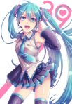  1girl 39 ahoge aqua_eyes aqua_hair circus66 detached_sleeves hand_on_headphones hatsune_miku headphones headset long_hair necktie open_mouth panties skirt solo striped striped_panties thighhighs twintails underwear very_long_hair vocaloid zettai_ryouiki 