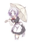  1girl blush bow frills hiiragi_tsukasa leaning_forward looking_at_viewer lucky_star maid maid_headdress mel_(artist) open_mouth purple_hair short_hair simple_background smile solo thighhighs umbrella white_background 