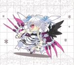  1girl animal_ears black_wings blush claw_(weapon) fake_animal_ears flower hair_over_one_eye headdress highres long_hair maid milkpanda mittens phantasy_star phantasy_star_online_2 rabbit_ears red_eyes ribbon scarf silver_hair weapon white_background wings 