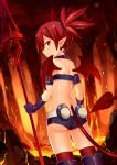  1girl ass bare_shoulders demon_tail demon_wings disgaea earrings etna highres jewelry looking_at_viewer looking_back mmrailgun pointy_ears polearm red_eyes redhead smile solo spear tail thighhighs weapon wings 
