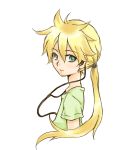  1boy alternate_hair_length alternate_hairstyle ayapo blonde_hair earplugs expressionless kagamine_len long_hair looking_at_viewer ponytail vocaloid 