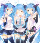  39 3girls ahoge blue_eyes blue_hair bridal_gauntlets closed_eyes detached_sleeves double_v grin hair_ribbon hatsune_miku highres jimmy long_hair miku_append multiple_girls necktie open_mouth ribbon skirt smile thighhighs twintails v very_long_hair vocaloid vocaloid_append 