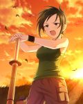  1girl artist_request black_eyes black_hair hair_ornament hairclip idolmaster idolmaster_cinderella_girls master_trainer official_art ponytail shinai short_hair sword trainer_(idolmaster) weapon wristband 