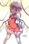  1girl adapted_costume arm_ribbon backlighting bare_shoulders blonde_hair collarbone flandre_scarlet hat hat_ribbon highres looking_at_viewer mob_cap myero open_mouth red_eyes ribbon side_ponytail signature sleeveless sleeveless_shirt smile solo thighhighs touhou white_legwear wings zettai_ryouiki 