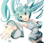  1girl 39 aqua_hair detached_sleeves green_eyes hand_on_own_chest hatsune_miku headset highres kemu_(pixiv463430) long_hair necktie open_mouth outstretched_arm skirt solo thighhighs twintails vocaloid white_background 