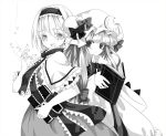  2girls :d alice_margatroid bangs blunt_bangs book bow bowtie capelet carrying crescent_moon grimoire hairband hat hat_bow holding monochrome moon multiple_girls necktie open_book open_mouth patchouli_knowledge puppet_rings ribbon sachi_(artist) short_hair smile star string touhou 