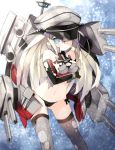  1girl bismarck_(kantai_collection) black_panties blonde_hair blue_eyes breasts brown_gloves cannon detached_sleeves gloves grey_eyes grey_legwear hat highres kantai_collection long_hair looking_at_viewer panties peaked_cap personification saru solo thigh-highs torn_clothes underwear 