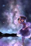  1girl absurdres ascot hand_on_headwear hat highres hinanawi_tenshi lake landscape long_hair myero night puffy_sleeves red_eyes reflection shirt short_sleeves signature skirt sky solo star_(sky) starry_sky touhou 