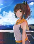  1girl bare_shoulders blush brown_eyes brown_hair clouds i-401_(kantai_collection) kantai_collection looking_at_viewer okia one-piece_swimsuit personification ponytail sailor_collar school_swimsuit school_uniform short_hair short_ponytail sky smile solo swimsuit 