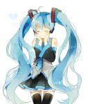  1girl ahoge blue_hair closed_eyes detached_sleeves hands_on_own_face hatsune_miku headphones long_hair necktie skirt smile solo thighhighs twintails very_long_hair vocaloid white_background yuya_kyoro 