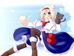  1girl :3 alice_margatroid animal_ears black_legwear blonde_hair blue_dress blue_eyes blush boots capelet cat cat_ears commentary_request dress dual_wielding fang hairband hand_puppet kemonomimi_mode miyo_(miyomiyo01) open_mouth pantyhose puppet sash solo touhou 