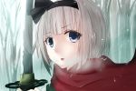  1girl bare_tree blue_eyes breath bust face hair_ribbon konpaku_youmu licking_lips looking_at_viewer p3104_(syerie513) parted_lips ribbon scarf short_hair silver_hair snow_on_head snowing solo sword touhou tree weapon 