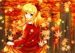  1girl aki_shizuha autumn_leaves blonde_hair eeryuu_(2004107) forest hair_ornament leaf leaf_hair_ornament long_sleeves looking_at_viewer looking_over_shoulder maple_leaf nature open_mouth short_hair skirt skirt_lift skirt_set solo touhou yellow_eyes 
