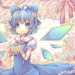  1girl arm_ribbon blue_dress blue_eyes blue_hair bow cirno dress flower hair_bow hair_flower hair_ornament ice ice_wings pjrmhm_coa puffy_sleeves shirt short_sleeves smile solo touhou wings 