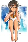  1girl brown_eyes brown_hair foro_(planet_cage) hair_down i-401_(kantai_collection) kantai_collection looking_away one-piece_swimsuit personification rough school_swimsuit school_uniform short_hair smile solo swimsuit tan 