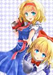  2girls :&lt; :d alice_margatroid argyle argyle_background blue_dress blue_eyes book bowtie dress grimoire highres kabutogami looking_at_viewer multiple_girls necktie open_mouth shanghai_doll short_hair short_sleeves smile touhou 