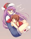  2girls black_jack_(copyright) brown_hair glasses gloves hat long_hair multiple_girls pinoko purple_hair red_eyes short_hair violet_eyes wink yamucha 