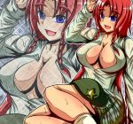  1girl arm_support background blush_stickers braid breasts eyebrows green_clothes hand_on_own_head hat hat_on_lap hat_removed headwear_removed hong_meiling large_breasts long_hair looking_at_viewer open_clothes redhead sitting smiley_face socks solo star sweat teikoku_gensui touhou twin_braids wet wet_clothes yokozuwari 