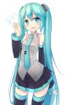  1girl 39 aqua_eyes aqua_hair detached_sleeves hatsune_miku long_hair necktie open_mouth skirt solo thighhighs twintails very_long_hair vocaloid white_background 